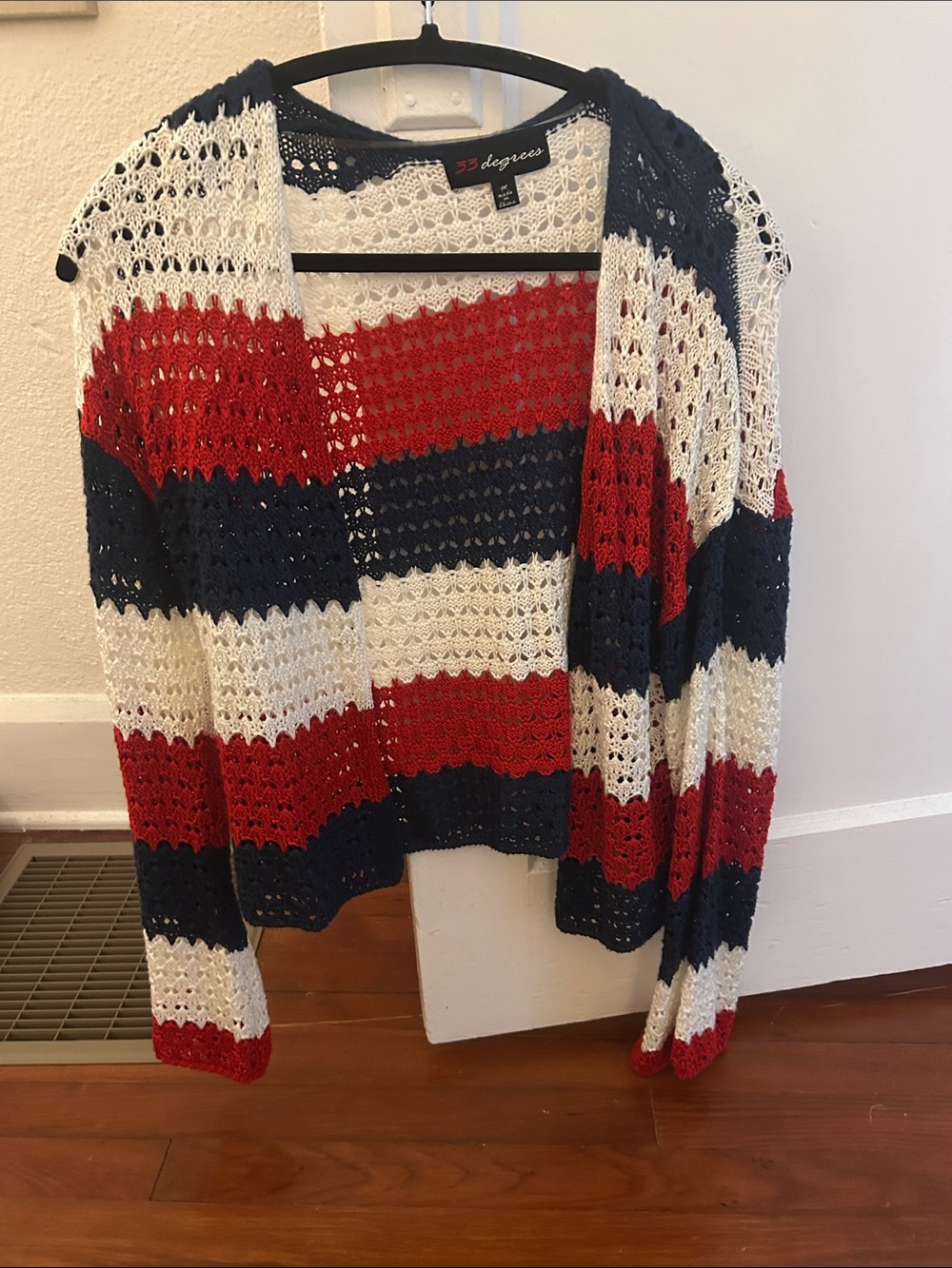 33 Degrees Crochet Open-Front Cardigan in Red, Navy, Cream M